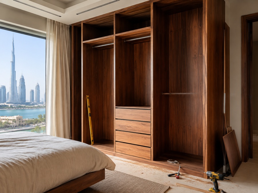 Bespoke wooden wardrobe joinery being installed